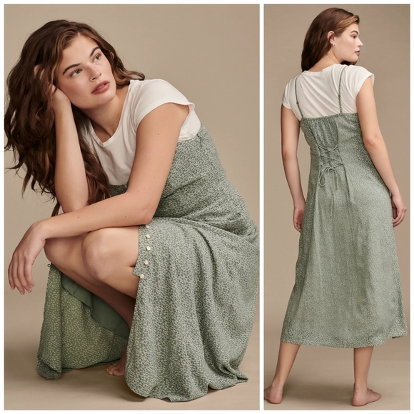 Lucky Brand Floral Button Front Laced Back Green Slip Dress, XL - Picture 1 of 11